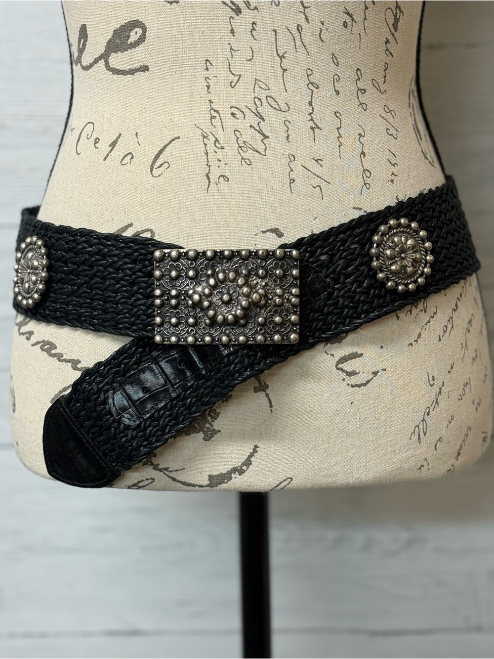 Patricia Green Black Braided Belt with Ornate Silver-Tone Buckle